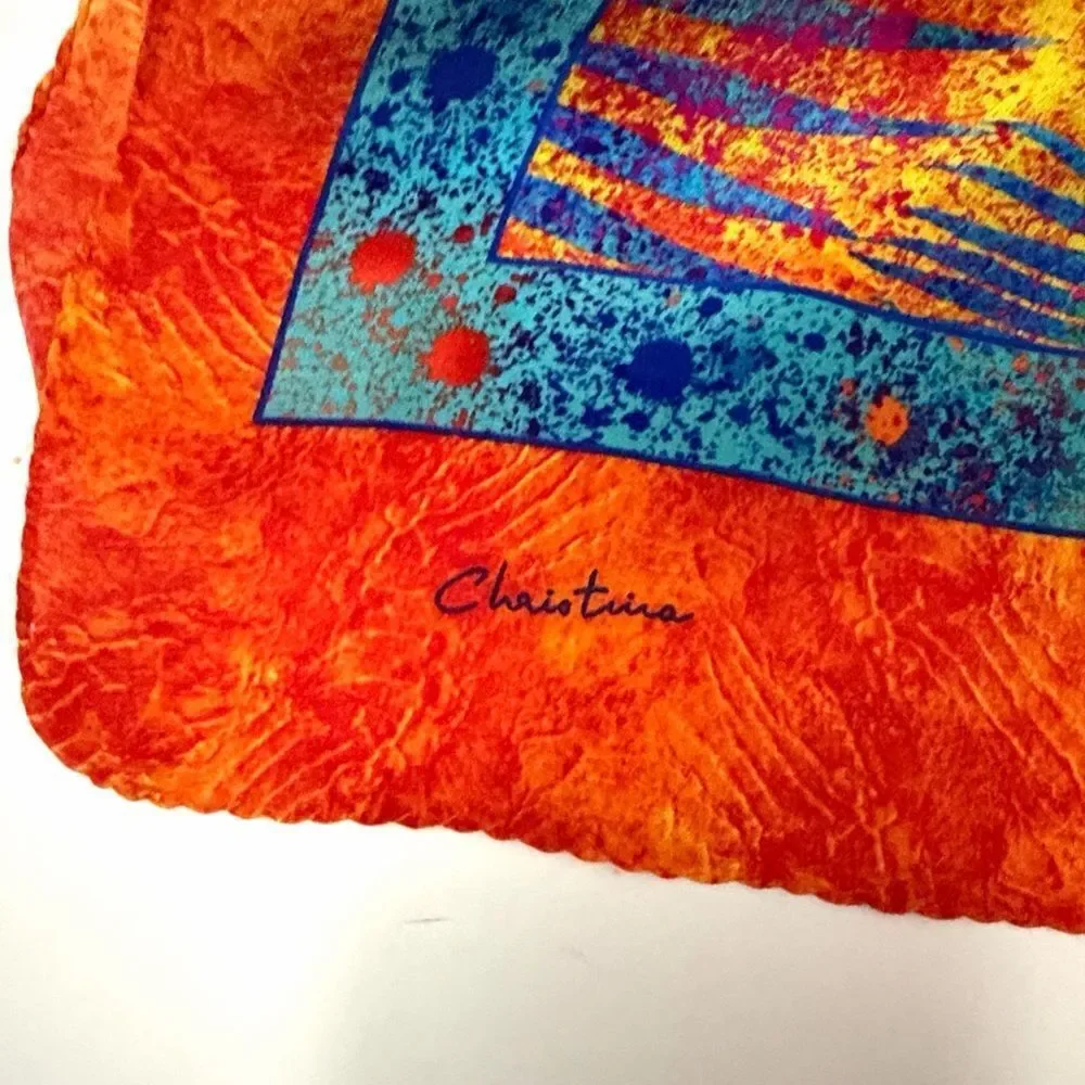 Christina Large Silk Oblong Scarf Wrap Orange Blue Tropical Print 20,5x74